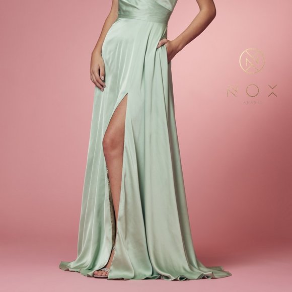 SAGE COLOR SATIN OPEN BACK PROM PARTY A-LINE LONG GOWN DRESS NX1020 - Picture 4 of 7